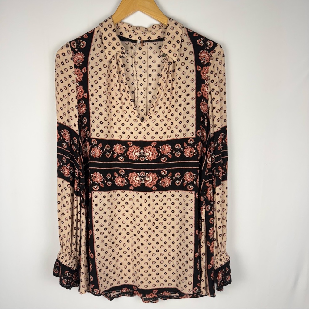 Free People Floral Print V Neck Blouse Top
